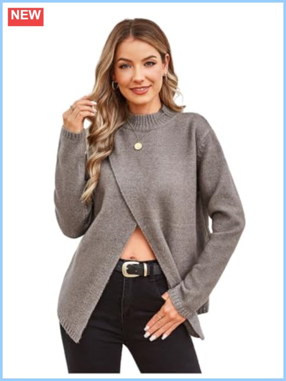 Mock Neck Rib Knit Split Front Pullover Sweater Long Sleeve